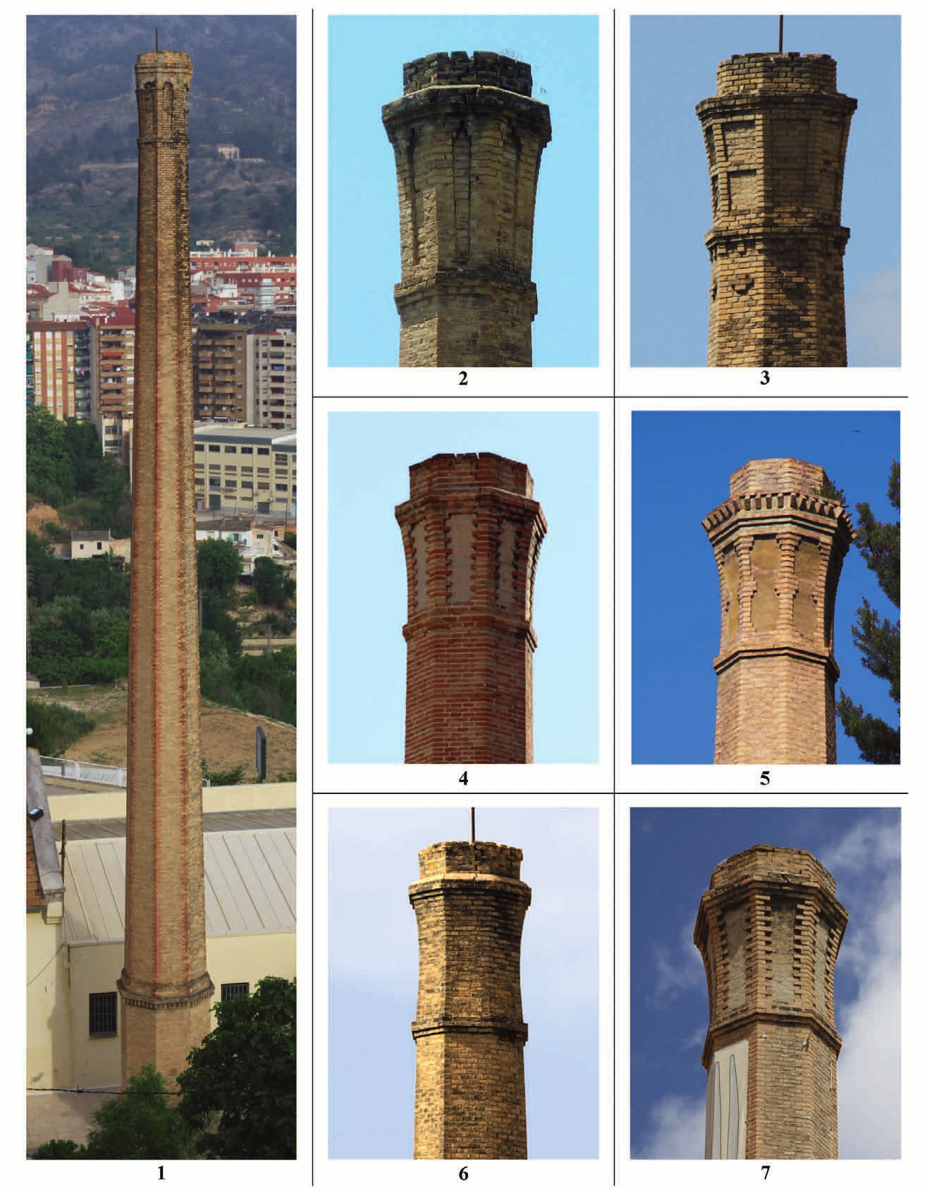 Las chimeneas de ladrillo en la circunscripción industrial de Alcoi Lámina XI. Ejemplos de chimeneas de fuste octogonal. 1. Fábrica de Matarredona (núm. 56); 2.
