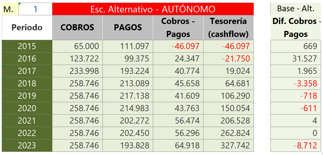 En esta tabla se muestran los flujos de efectivo anuales del autónomo (sin aplicar ningún porcentaje de coste de capital).