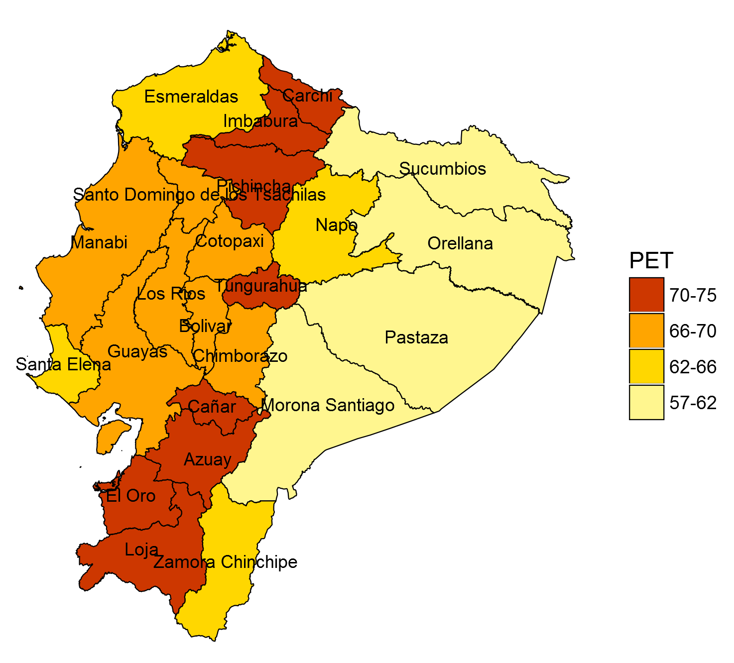 PET POR PROVINCIA A diciembre de 2015, las provincias que presentaban mayor tasa de población en edad de trabajar (PET) nacional fueron Carchi, Loja y Tungurahua con porcentajes de 73.7%, 73.4% y 72.