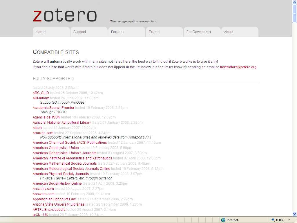Compatibilidad La compatibilidad de Zotero con otros sitios está creciendo constantemente, ver aquí todos los sitios Lista de sitios compatibles