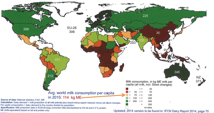 Entorno Internacional Demanda de leche 2015 Consumo de leche per capita en kg eq-leche en 2015 Media consumo medio mundial de leche per capita en 2015: 114 kg eq-leche Fuente: Estadísticas