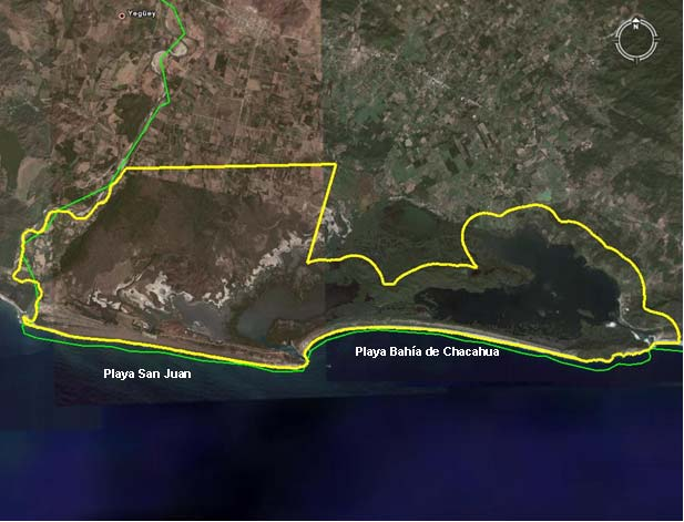 Figura 2. Polígono del Parque Nacional Lagunas de en las costas de Oaxaca. Se muestran las playas de anidación de tortugas marinas.