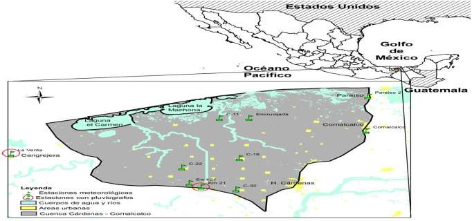 Figura 1. Ubicación geográfica y estaciones meteorológicas de la cuenca Cárdenas-Comalcalco.