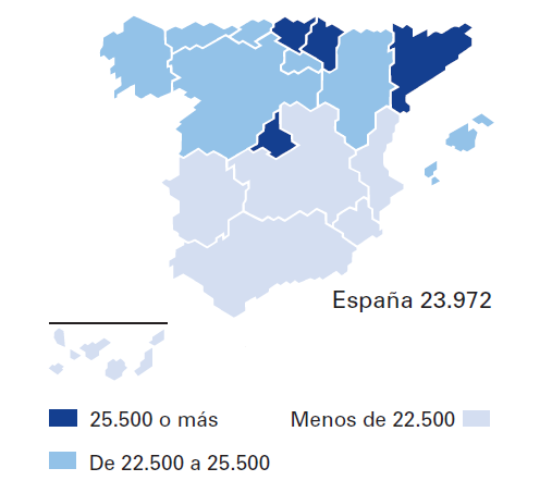 4ª PARTE A partir del mapa adjunto, que recoge LA DISTRIBUCIÓN DE LA RENTA MEDIA POR HOGAR EN ESPAÑA POR COMUNIDADES AUTÓNOMAS EN EL 2011, enumere 4 Comunidades Autónomas con las renta