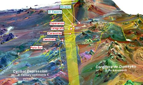 2.2 GEOLOGIA YACIMIENTO CARACOLES 2.2.1 GENERALIDADES El yacimiento Caracoles encuentra dentro de un lineamiento de pórfidos Cu-Au-Mo de unos 35 Km de longitud de orientación NNE (Mirador, El Tesoro,