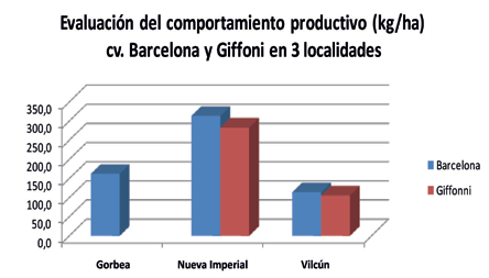 Figura 17. Evaluación del comportamiento productivo (k/ha) de las variedades Barcelona y Tonda di Giffoni bajo las condiciones agroecológicas de las zonas de Gorbea, Nueva Imperial y Vilcún.