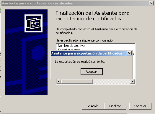L Assistent ens informa que s ha realitzar l exportació correctament: Si la descàrrega del certificat digital, l hem fet amb un altre navegador que no sigui Explorer, ens haurem