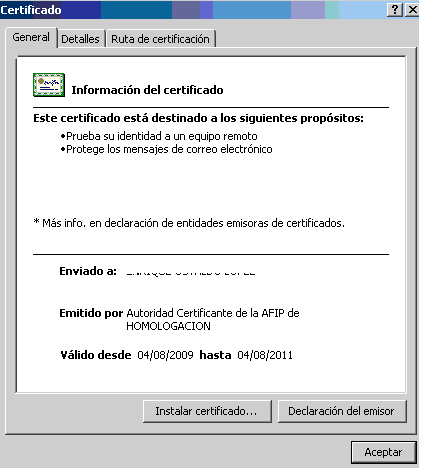 Usuario, (CUIT: 20-00000000-1) Para importar el certificado a su PC deberá cliquear sobre Importarlo a su navegador (Recomendado), momento en el que aparecerá la siguiente pantalla donde deberá