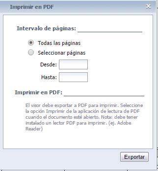 Imprimir documentos El botón de la impresora, le mostrará una ventana en la que puede indicar el intervalo de impresión. Se recomienda exportar a PDF para imprimir.