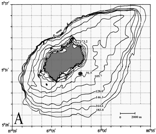 ECOSISTEMAS ACUATICOS DE COSTA RICA II 165 Fig. 2. Contornos batimétricos en metros alrededor de la Isla del Coco. Mapa georeferenciado.