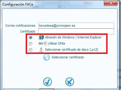 Se mostrará una ventana para seleccionar la ubicación del certificado digital a usar para interactuar con FACE: Almacén de Windows/Internet Explorer: Contiene los certificados instalados en el