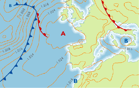 Mapa del tiempo Mapa del tiempo en superficie: representan las isobaras reducidas siempre al nivel del mar, aunque la región que atraviesen sea montañosa Frente cálido Anticiclón.