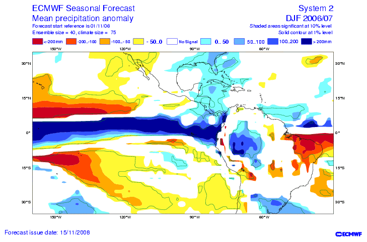 Fig. 2 Predicción de Anomalías de Temperatura superficial del mar para el trimestre DICIEMBRE 2006- FEBRERO 2007