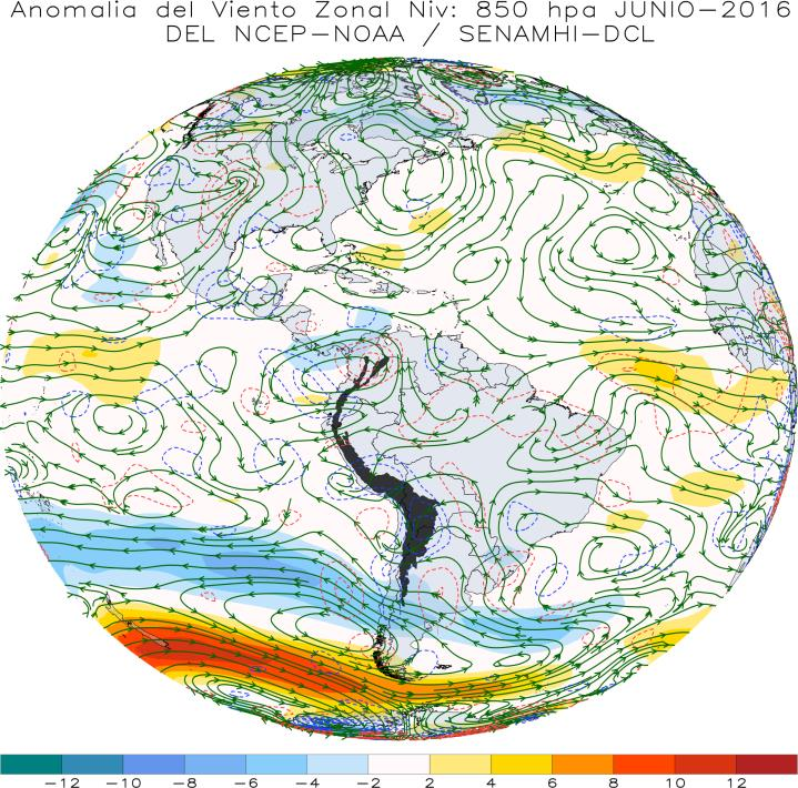 Condiciones atmosféricas en el Pacífico Ecuatorial Vientos en nivel de 850 hpa (m/s) En niveles bajos de troposfera, en promedio, anomalías de viento del oeste se vieron debilitadas a lo largo de la