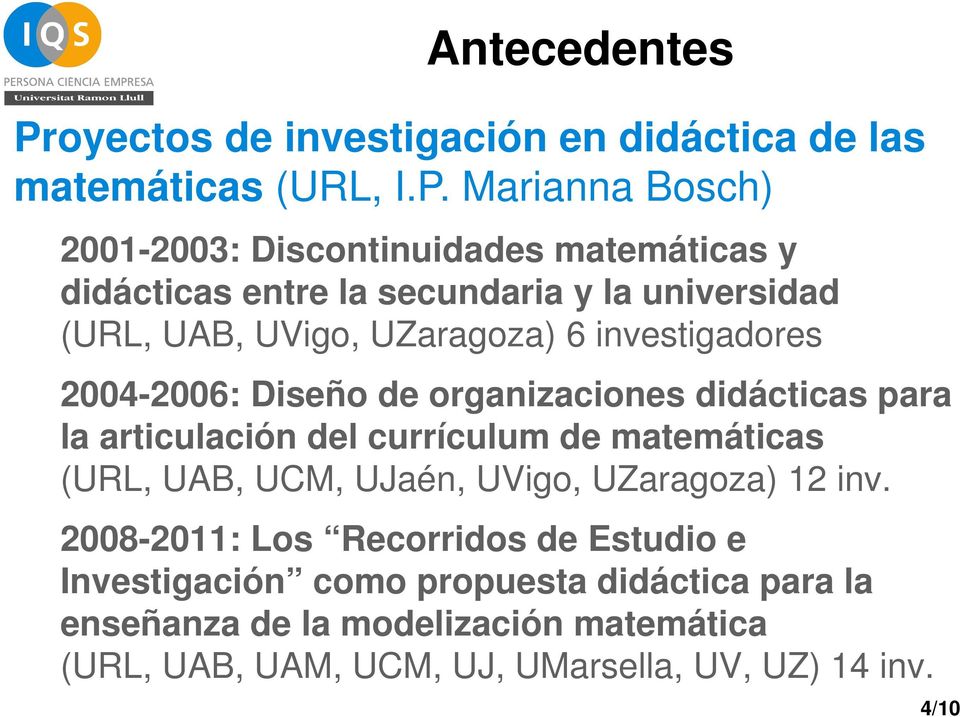 Marianna Bosch) 2001-2003: Discontinuidades matemáticas y didácticas entre la secundaria y la universidad (URL, UAB, UVigo, UZaragoza) 6