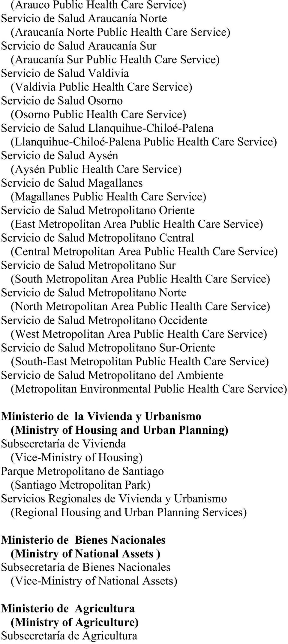 Care Service) Servicio de Salud Aysén (Aysén Public Health Care Service) Servicio de Salud Magallanes (Magallanes Public Health Care Service) Servicio de Salud Metropolitano Oriente (East