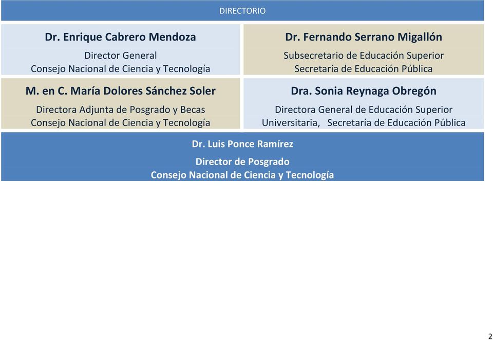 Fernando Serrano Migallón Subsecretario de Educación Superior Secretaría de Educación Pública Dra.