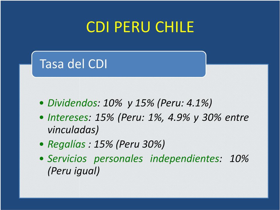 9% y 30% entre vinculadas) Regalías : 15% (Peru