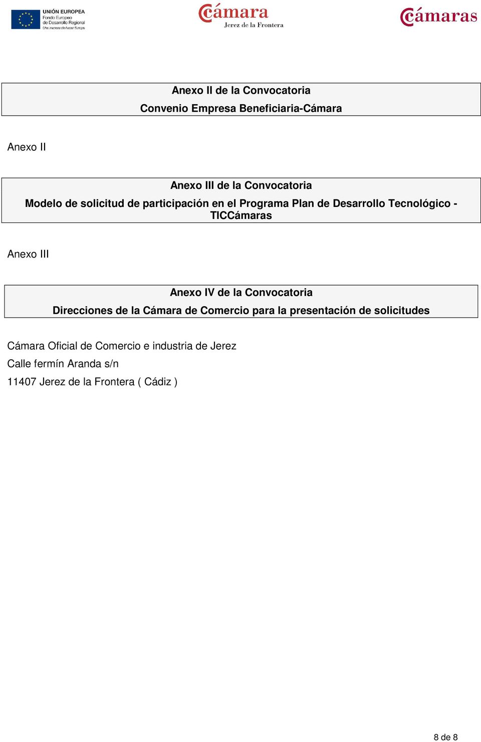 Anexo IV de la Convocatoria Direcciones de la Cámara de Comercio para la presentación de solicitudes