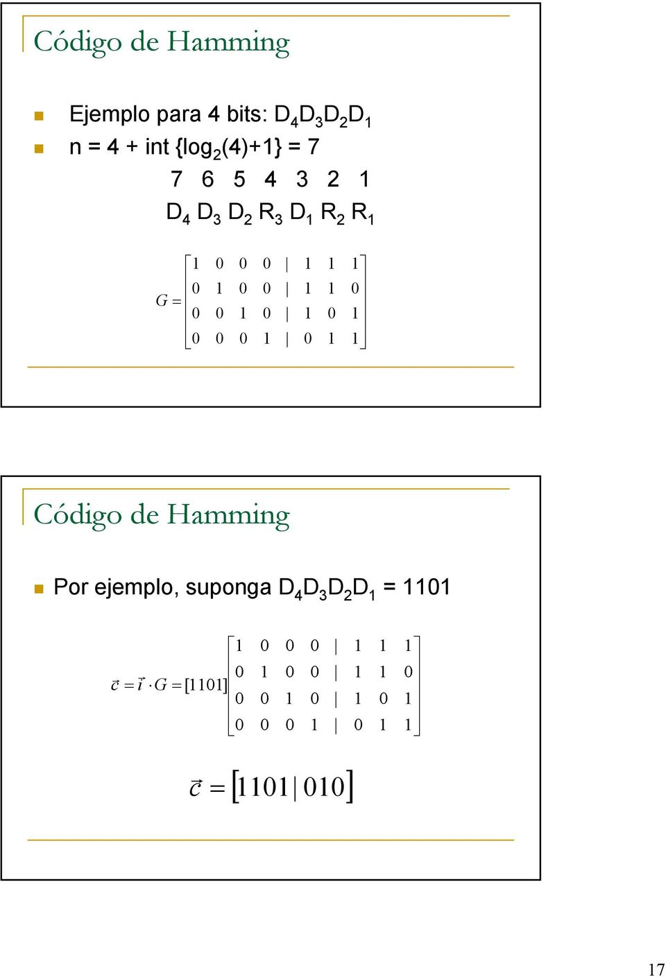 3 D 2 R 3 D R 2 R = G Código de Hamming Por