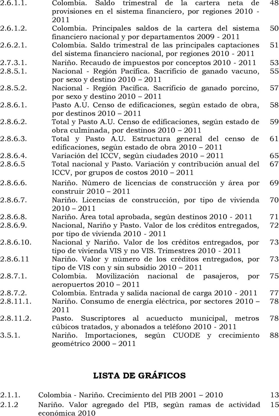 Sacrificio de ganado vacuno, 55 por sexo y destino 2010 2011 2.8.5.2. Nacional - Región Pacífica. Sacrificio de ganado porcino, 57 por sexo y destino 2010 2011 2.8.6.1. Pasto A.U.