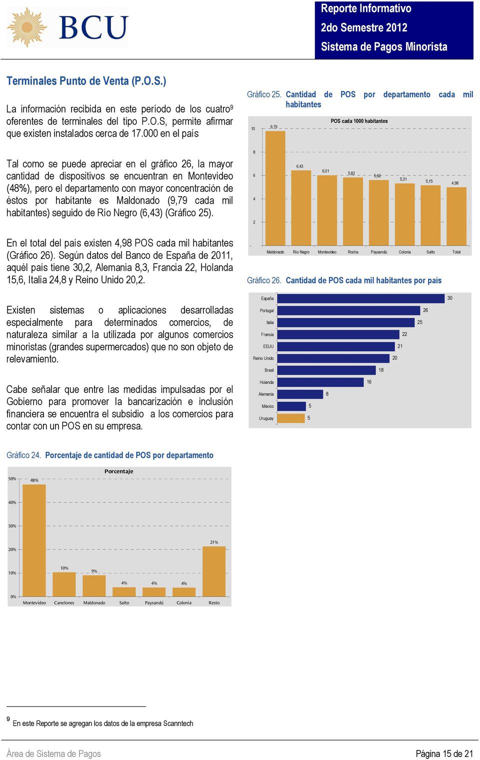 Cantidad de POS por departamento cada mil habitantes 10 9,79 POS cada 1000 habitantes Tal como se puede apreciar en el gráfico 26, la mayor cantidad de dispositivos se encuentran en Montevideo (48%),