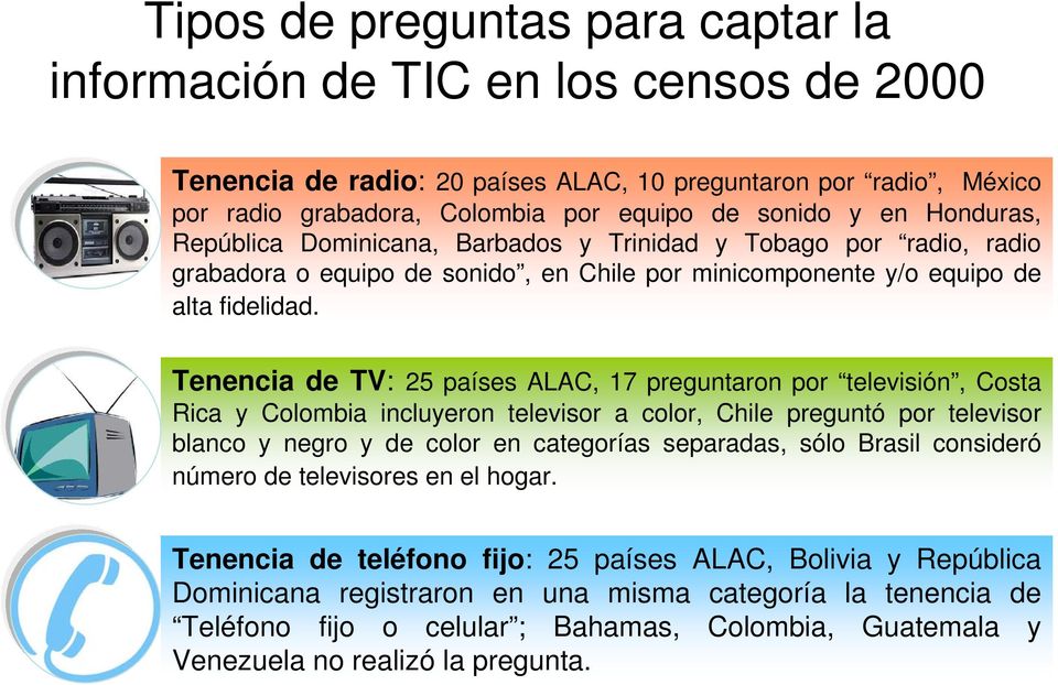 Tenencia de TV: 25 países ALAC, 17 preguntaron por televisión, Costa Rica y Colombia incluyeron televisor a color, Chile preguntó por televisor blanco y negro y de color en categorías separadas, sólo