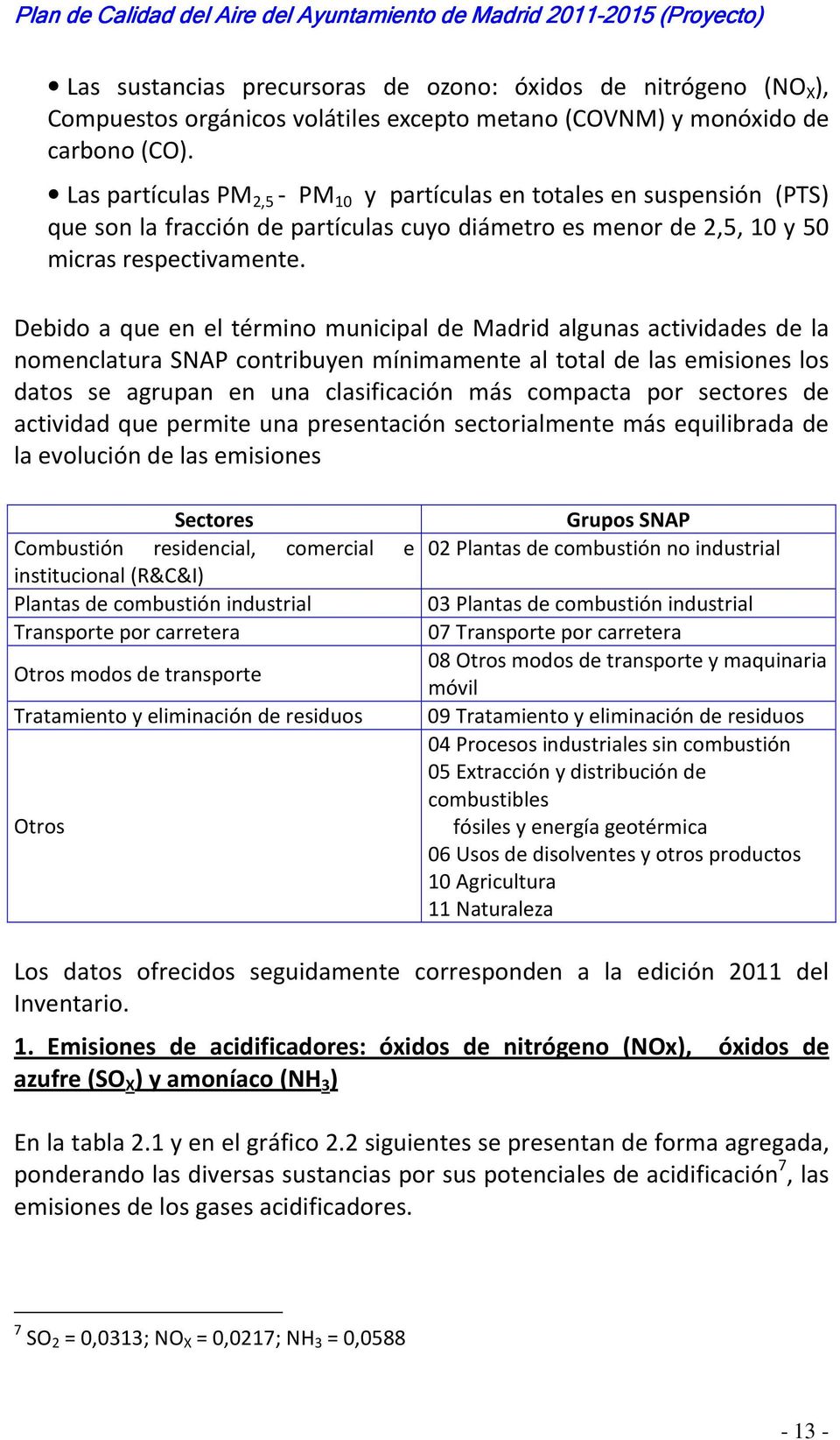 Debido a que en el término municipal de Madrid algunas actividades de la nomenclatura SNAP contribuyen mínimamente al total de las emisiones los datos se agrupan en una clasificación más compacta por