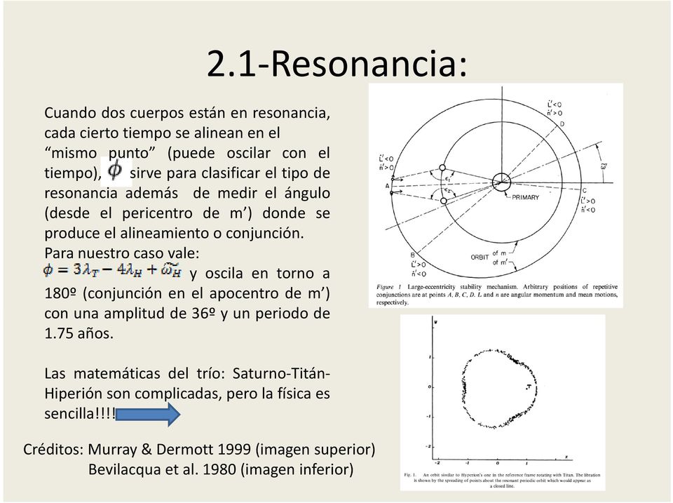 clasificar el tipo de resonancia además demedir el ángulo (desde el pericentro de m ) donde se produce el alineamiento o conjunción.