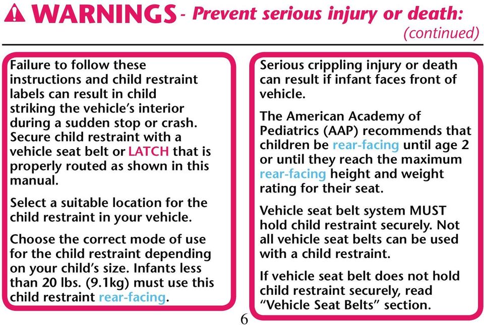 Choose the correct mode of use for the child restraint depending on your child s size. Infants less than 20 lbs. (9.1kg) must use this child restraint rear-facing.