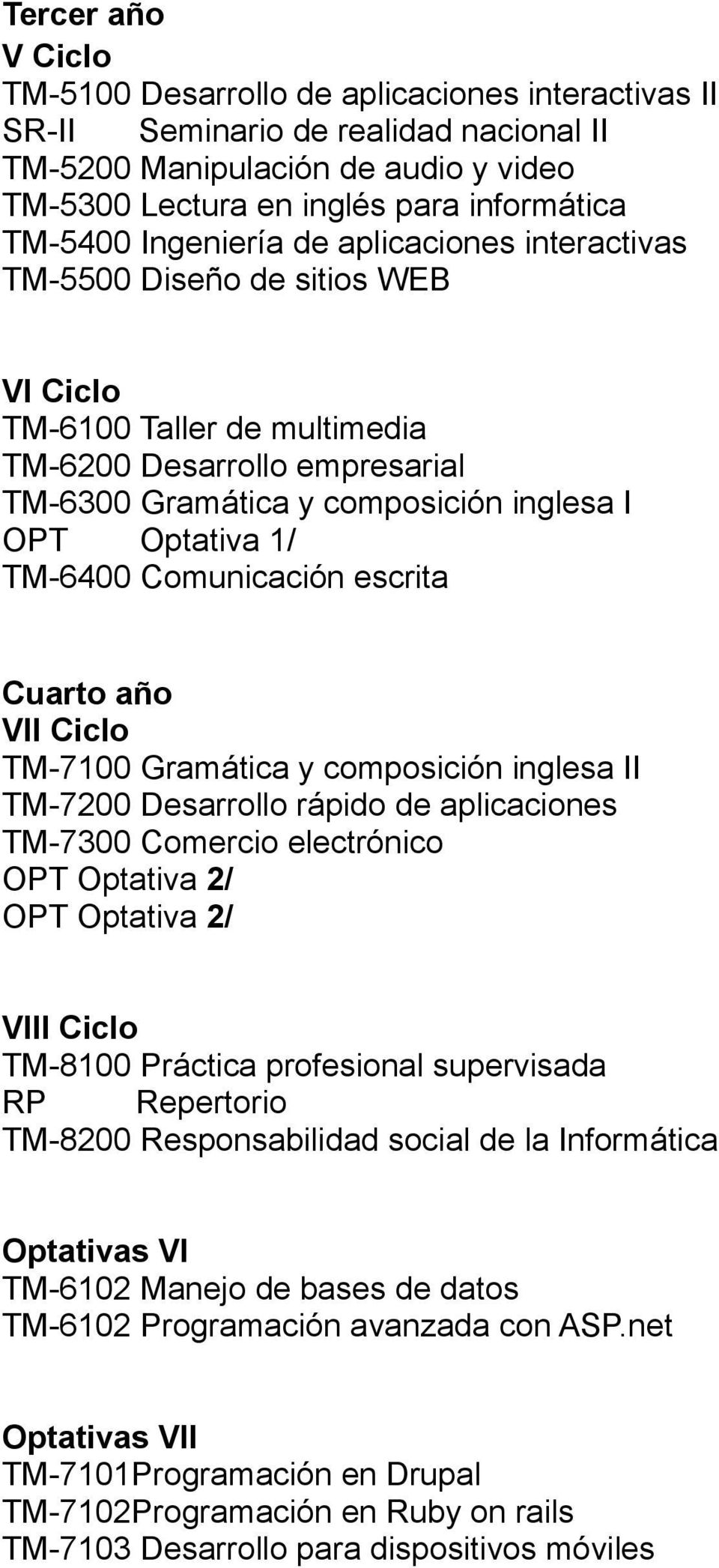 TM-6400 Comunicación escrita Cuarto año VII Ciclo TM-7100 Gramática y composición inglesa II TM-7200 Desarrollo rápido de aplicaciones TM-7300 Comercio electrónico OPT Optativa 2/ OPT Optativa 2/