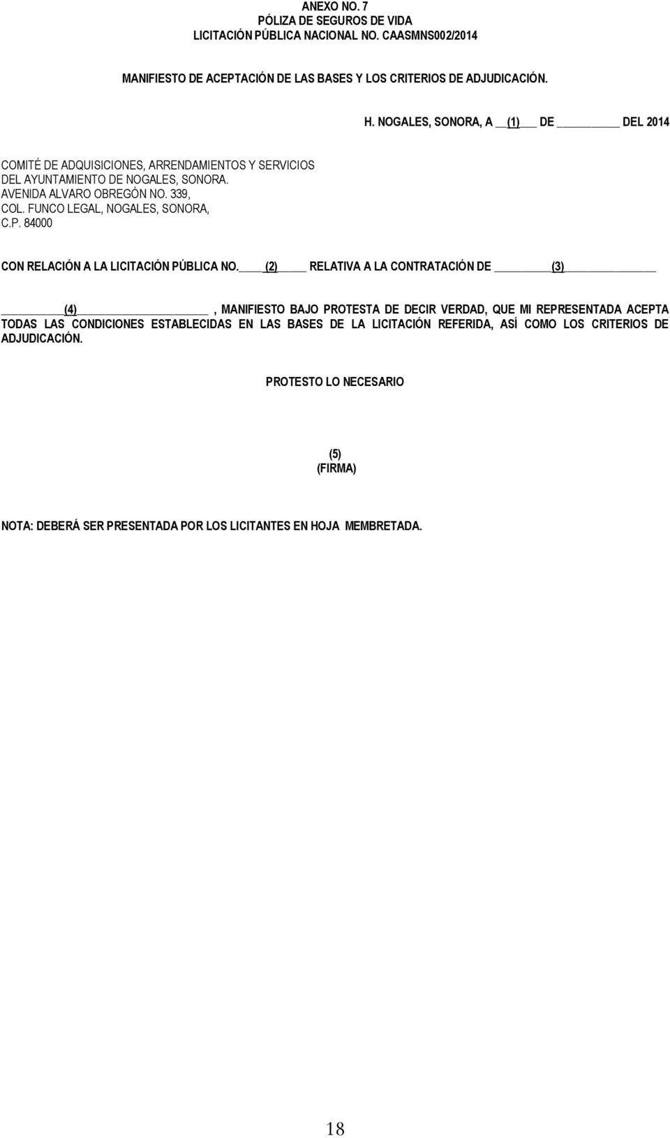 FUNCO LEGAL, NOGALES, SONORA, C.P. 84000 CON RELACIÓN A LA LICITACIÓN PÚBLICA NO.