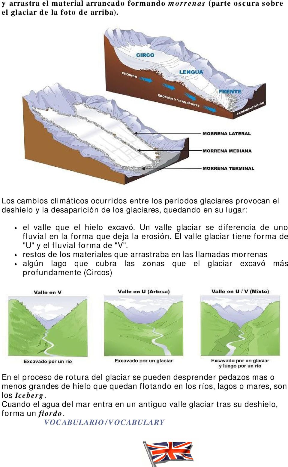 Un valle glaciar se diferencia de uno fluvial en la forma que deja la erosión. El valle glaciar tiene forma de "U" y el fluvial forma de "V".