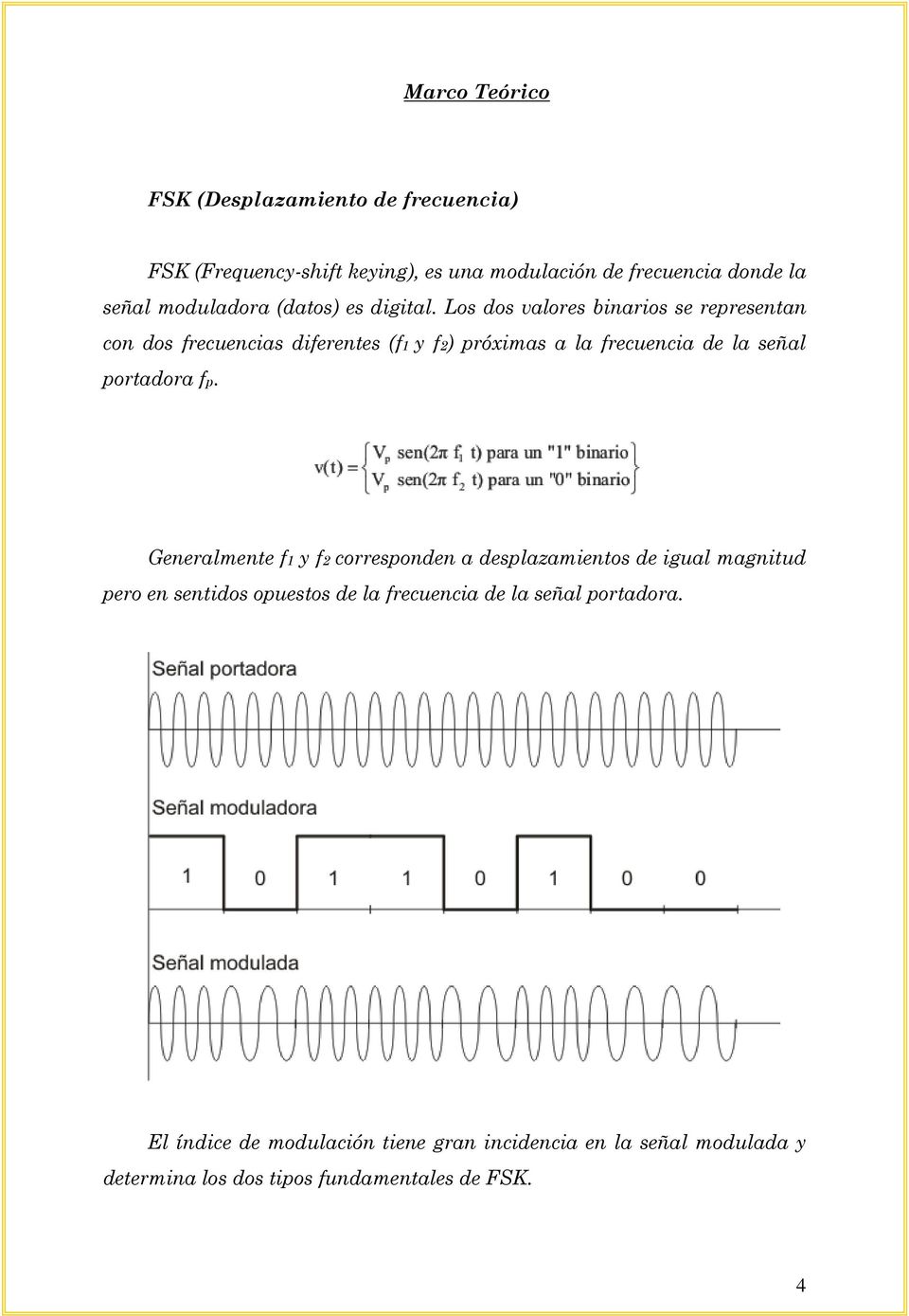 Los dos valores binarios se representan con dos frecuencias diferentes (f1 y f2) próximas a la frecuencia de la señal portadora fp.