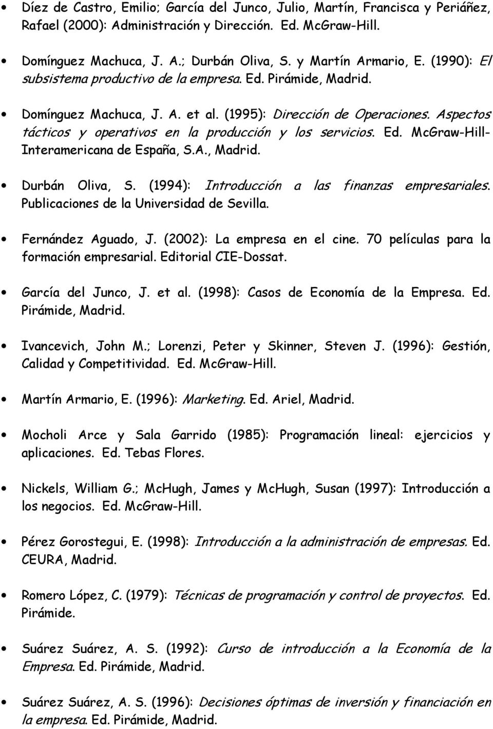 Aspectos tácticos y operativos en la producción y los servicios. Ed. McGraw-Hill- Interamericana de España, S.A., Madrid. Durbán Oliva, S. (1994): Introducción a las finanzas empresariales.