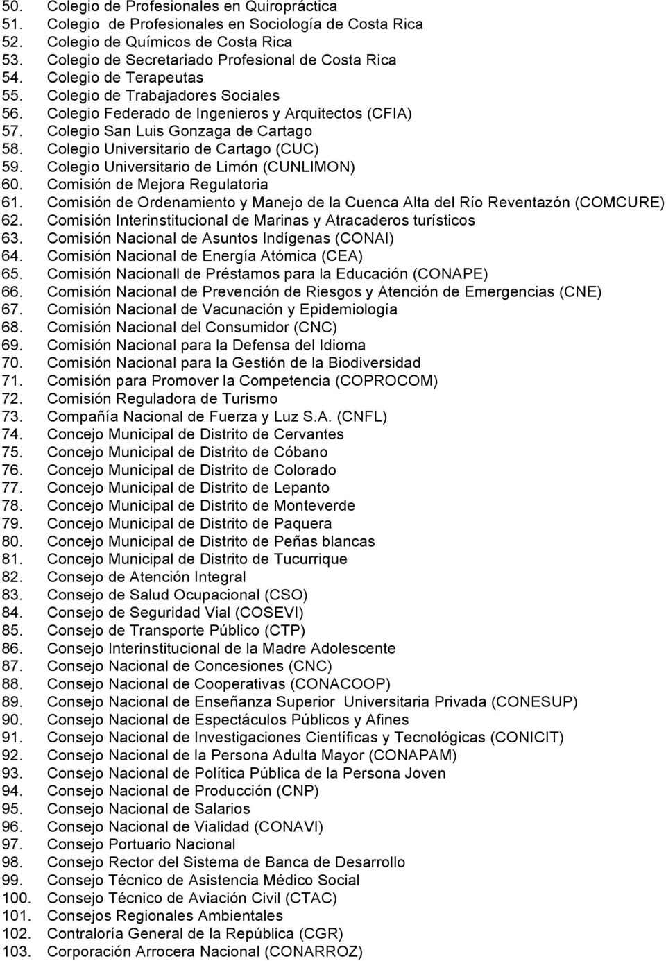 Colegio Universitario de Cartago (CUC) 59. Colegio Universitario de Limón (CUNLIMON) 60. Comisión de Mejora Regulatoria 61.