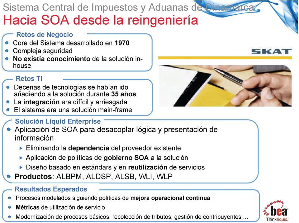 Aplicación de SOA para desacoplar lógica y presentación de información Eliminando la dependencia del proveedor existente Aplicación de políticas de gobierno SOA a la solución Diseño basado en