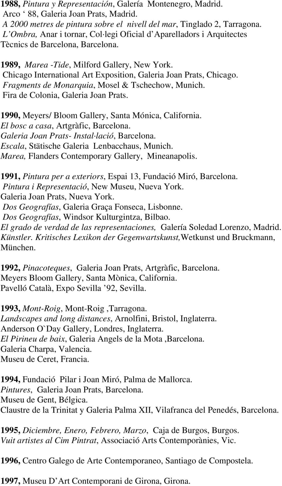 Chicago International Art Exposition, Galeria Joan Prats, Chicago. Fragments de Monarquia, Mosel & Tschechow, Munich. Fira de Colonia, Galeria Joan Prats.