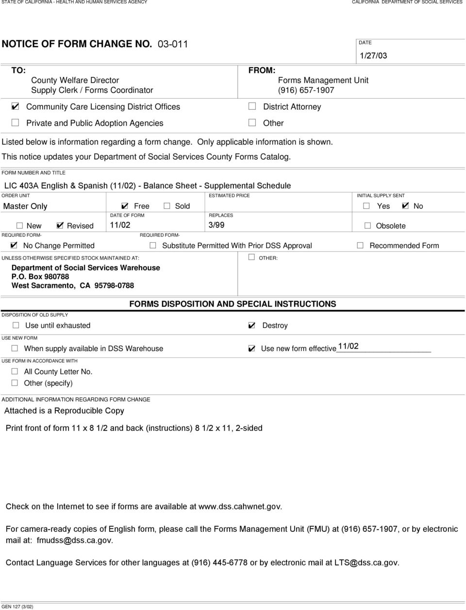 Attorney Other Listed below is information regarding a form change. applicable information is shown. This notice updates your Department of Social Services County Forms Catalog.