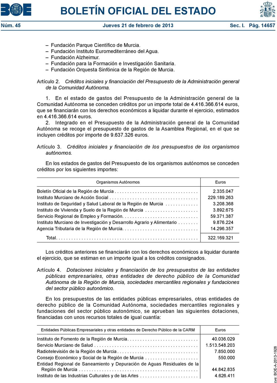 Créditos iniciales y financiación del Presupuesto de la Administración general de la Comunidad Autónoma. 1.