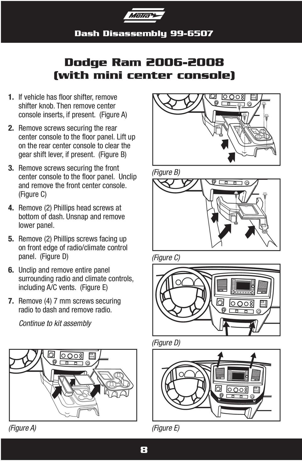Remove screws securing the front center console to the floor panel. Unclip and remove the front center console. (Figure C) 4. Remove (2) Phillips head screws at bottom of dash.