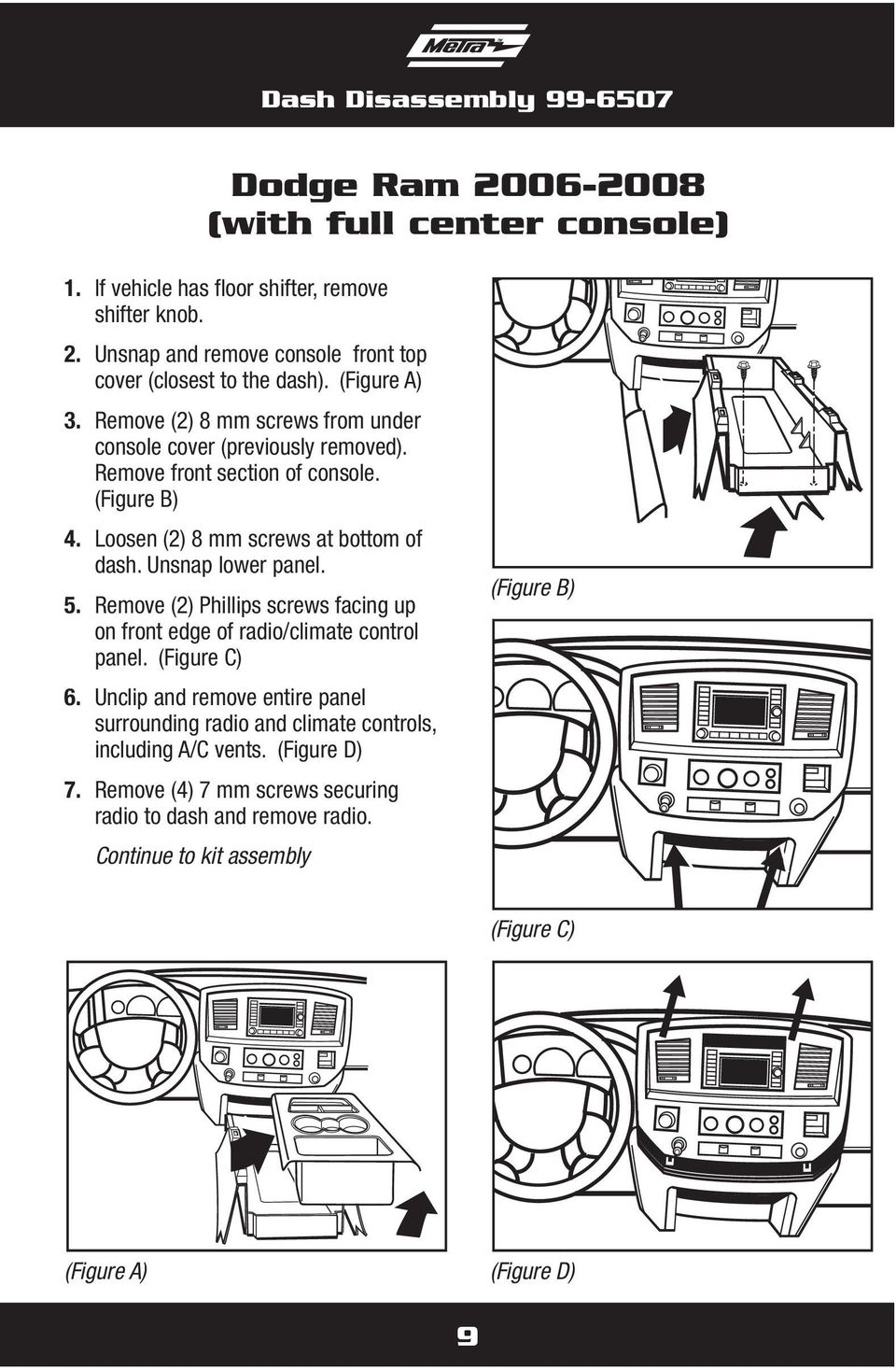 Unsnap lower panel. 5. Remove (2) Phillips screws facing up on front edge of radio/climate control panel. (Figure C) 6.