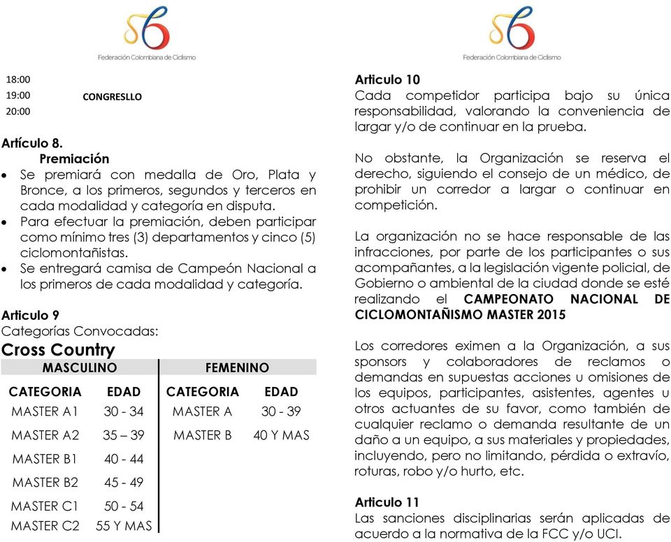 Articulo 9 Categorías Convocadas: Cross Country MASCULINO FEMENINO CATEGORIA EDAD CATEGORIA EDAD MASTER A1 30-34 MASTER A 30-39 MASTER A2 35 39 MASTER B 40 Y MAS MASTER B1 40-44 MASTER B2 45-49