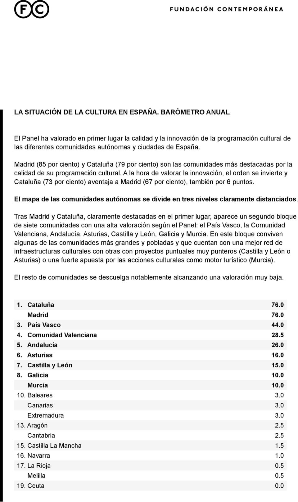 Madrid (85 por ciento) y Cataluña (79 por ciento) son las comunidades más destacadas por la calidad de su programación cultural.