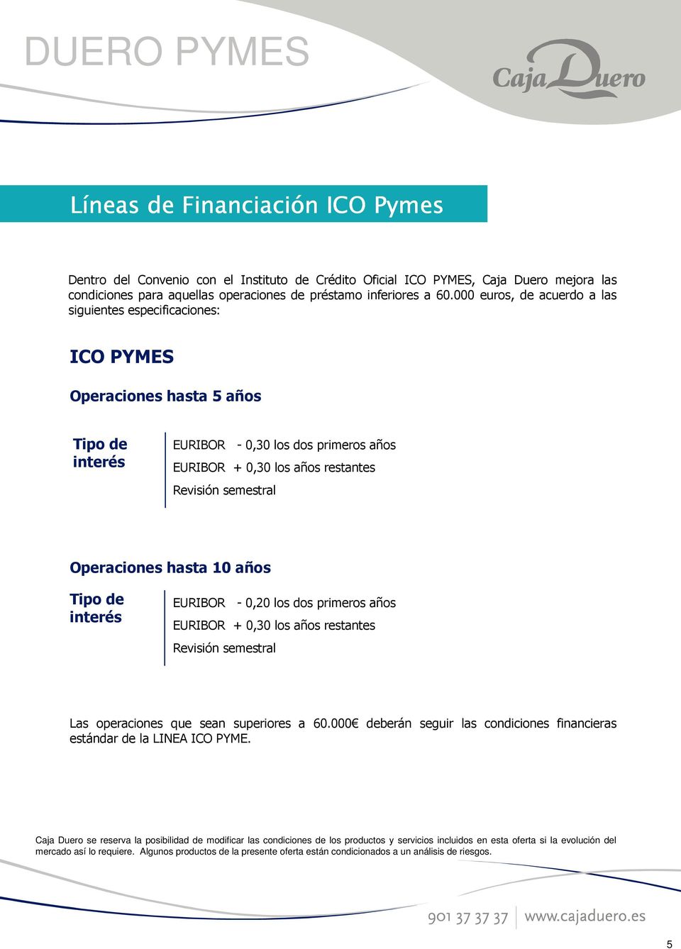 000 euros, de acuerdo a las siguientes especificaciones: ICO PYMES Operaciones hasta 5 años EURIBOR - 0,30 los dos primeros años