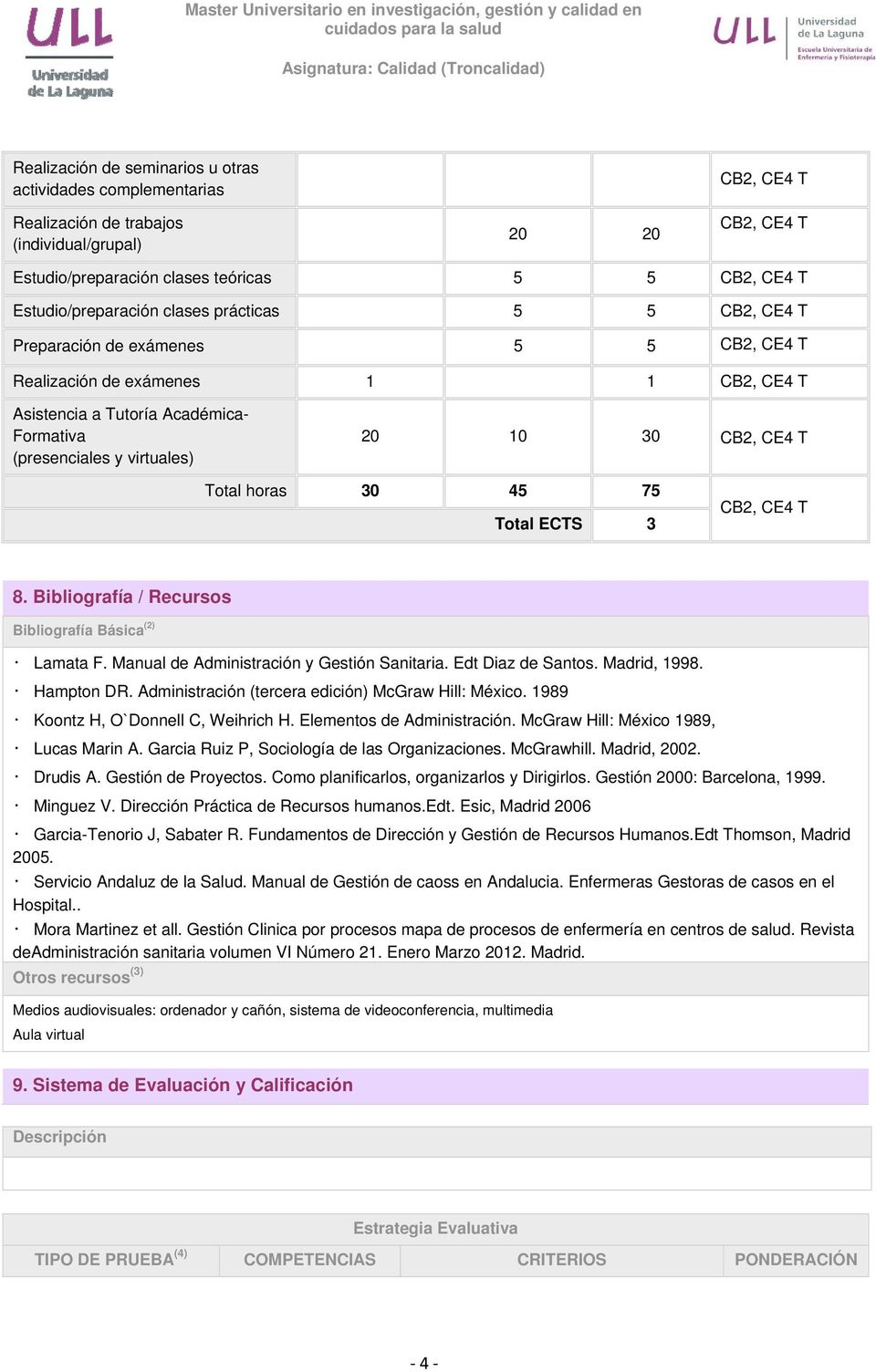 Bibliografía / Recursos Bibliografía Básica (2) Lamata F. Manual de Administración y Gestión Sanitaria. Edt Diaz de Santos. Madrid, 1998. Hampton DR.