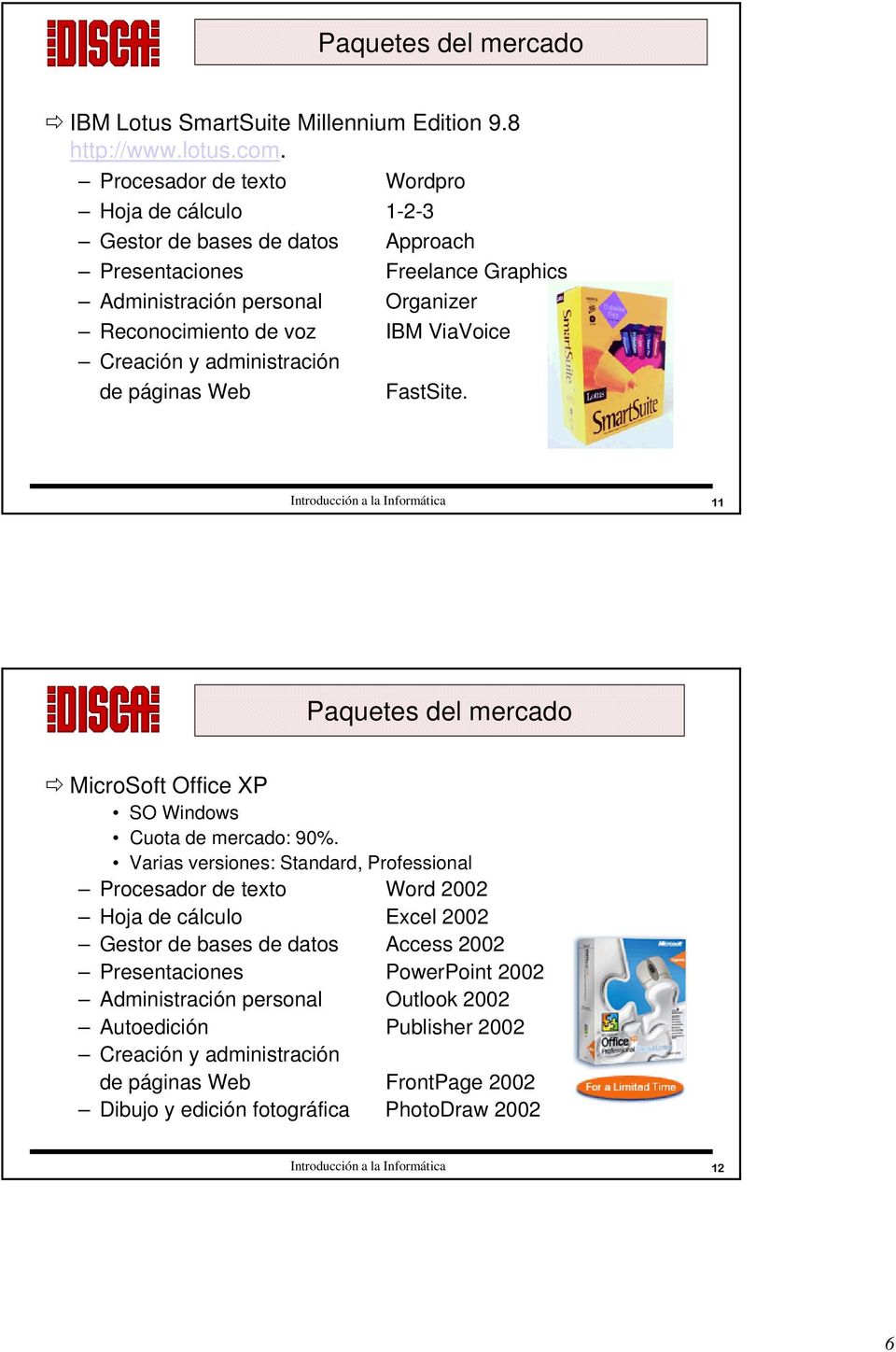 ViaVoice Creación y administración de páginas Web FastSite. 11 Paquetes del mercado MicroSoft Office XP SO Windows Cuota de mercado: 90%.