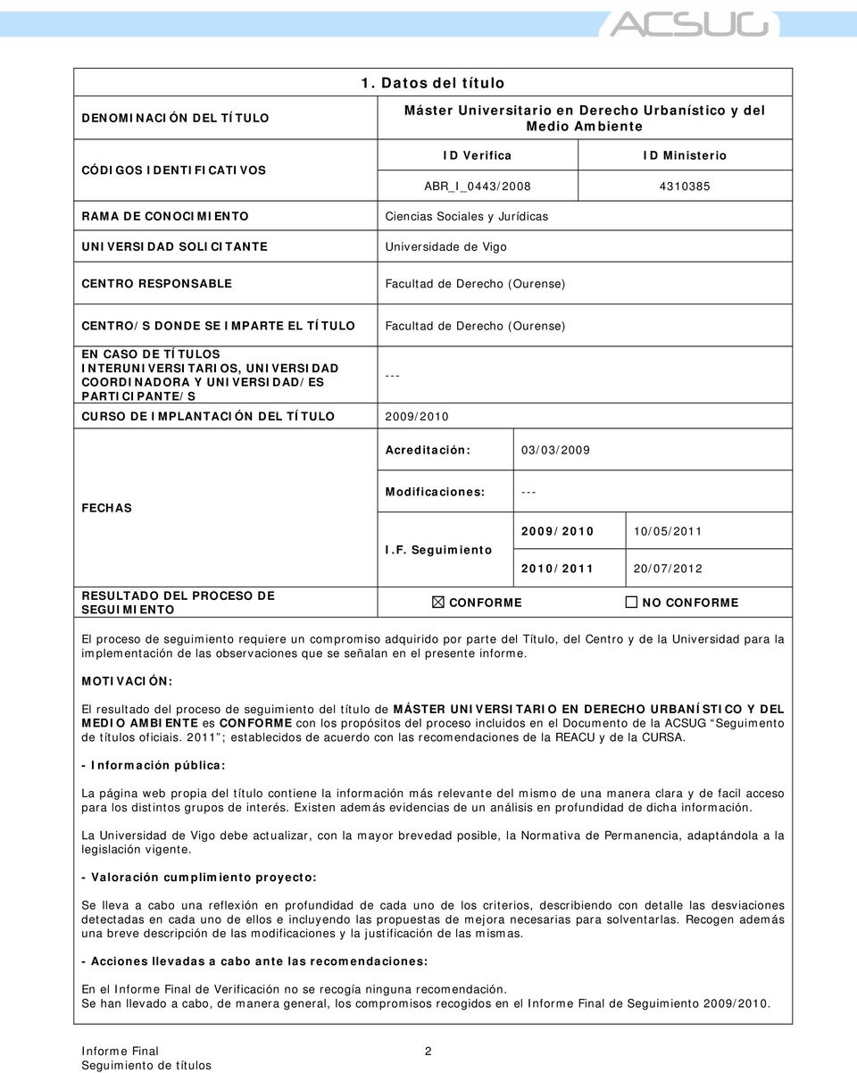 (Ourense) EN CASO DE TÍTULOS INTERUNIVERSITARIOS, UNIVERSIDAD COORDINADORA Y UNIVERSIDAD/ES PARTICIPANTE/S CURSO DE IMPLANTACIÓN DEL TÍTULO 2009/2010 --- Acreditación: 03/03/2009 FECHAS