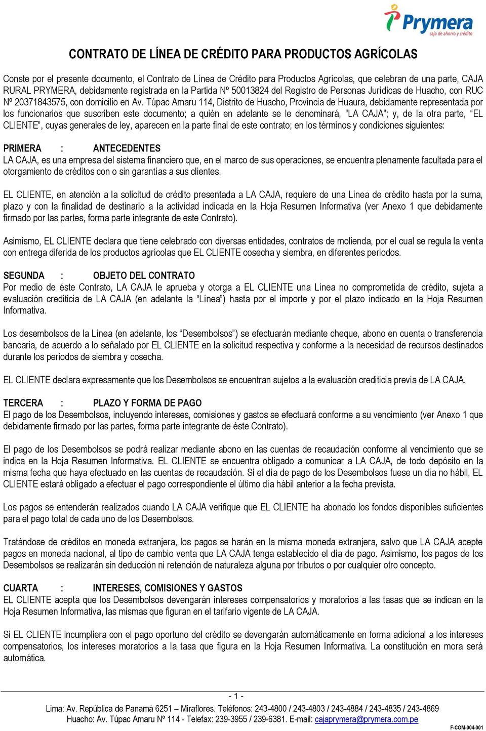 CONTRATO DE LÍNEA DE CRÉDITO PARA PRODUCTOS AGRÍCOLAS - PDF Free Download