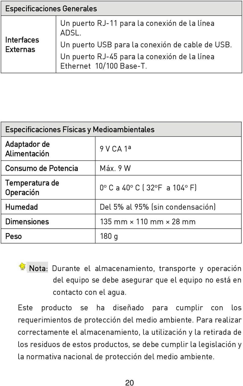 Especificaciones Físicas y Medioambientales Adaptador de Alimentación Consumo de Potencia Temperatura de Operación Humedad Dimensiones Peso 9 V CA 1ª Máx.